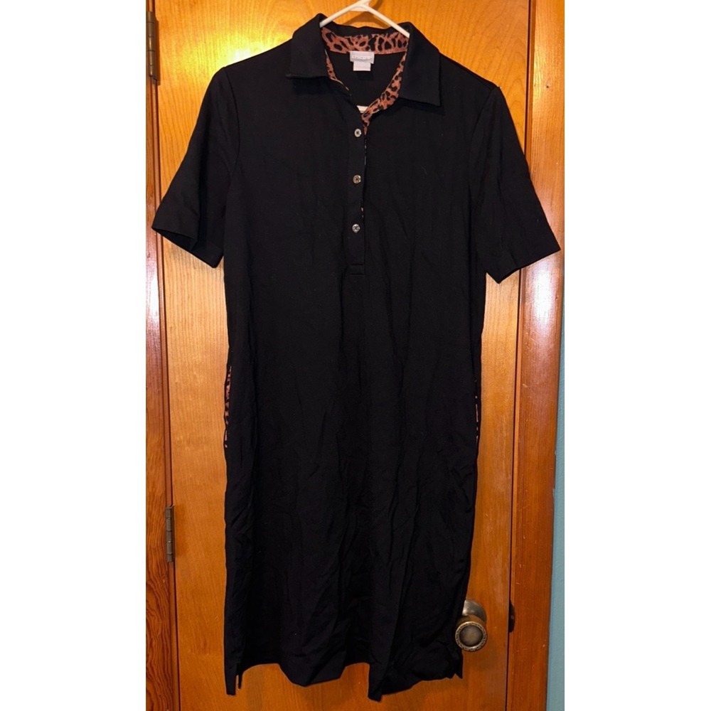 Chicos Black Polo Shirt Dress with Leopard Print Accents and Pockets Small